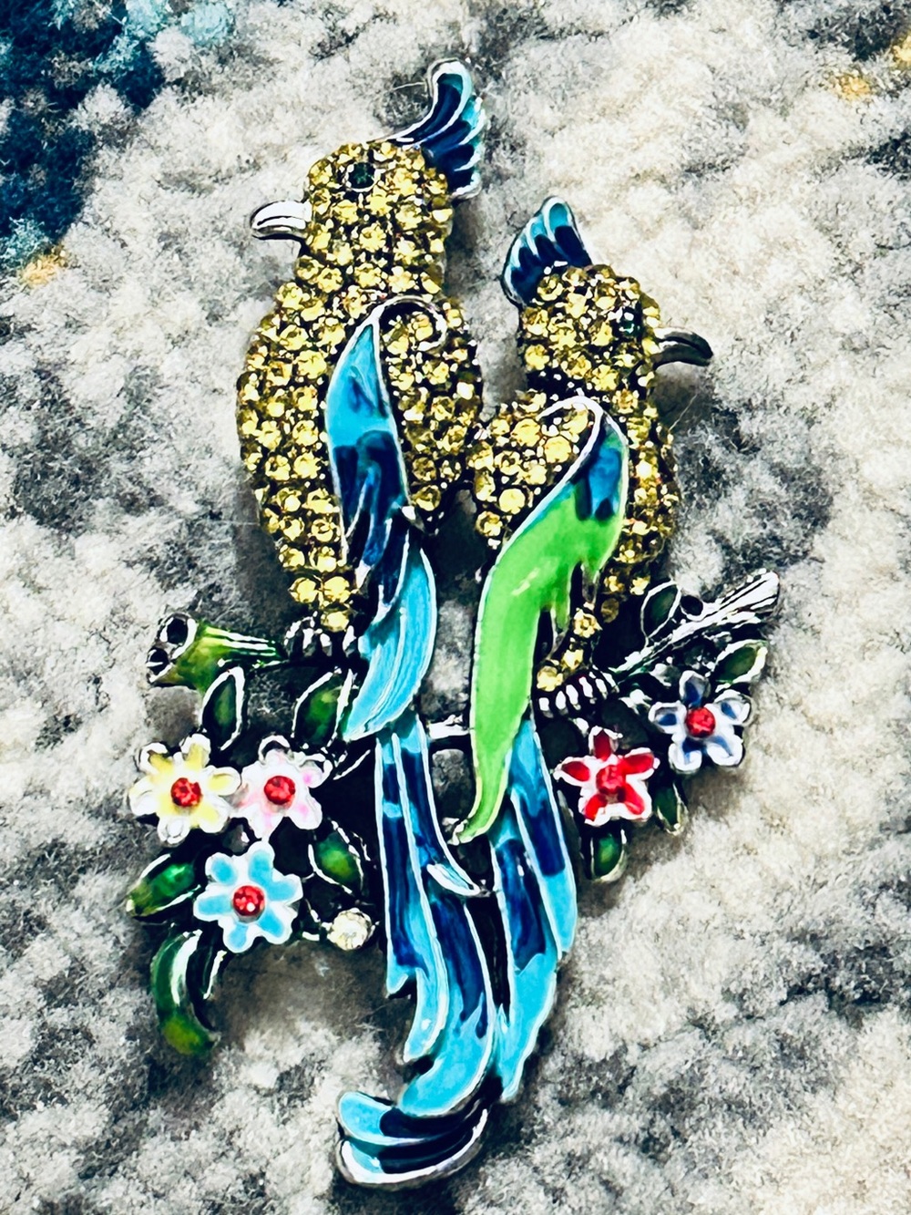 Green & Blue Parrot Bird Brooch with Yellow Crystal Accents - Brand